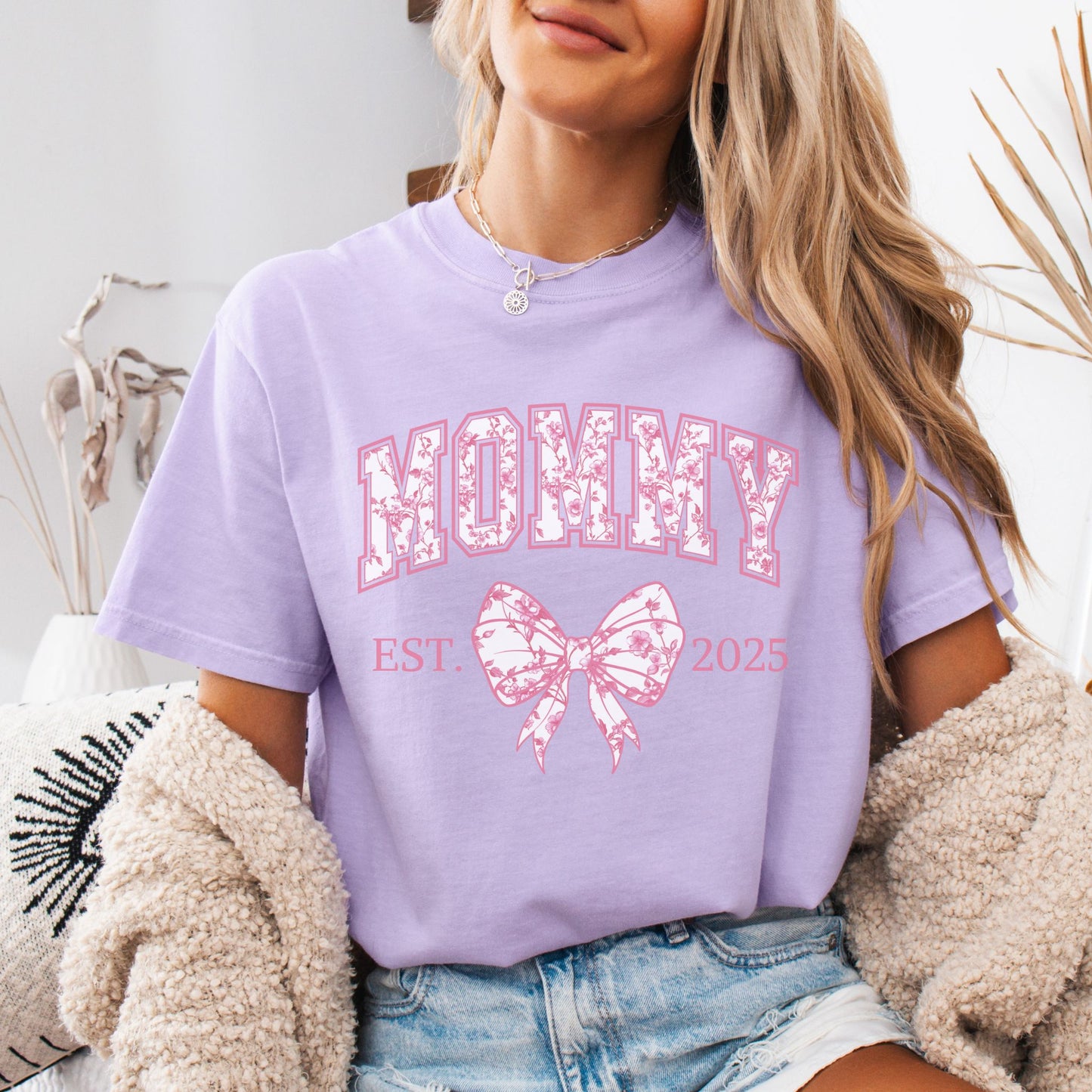 Personalized Mommy Est. Year Floral Bow T-Shirt