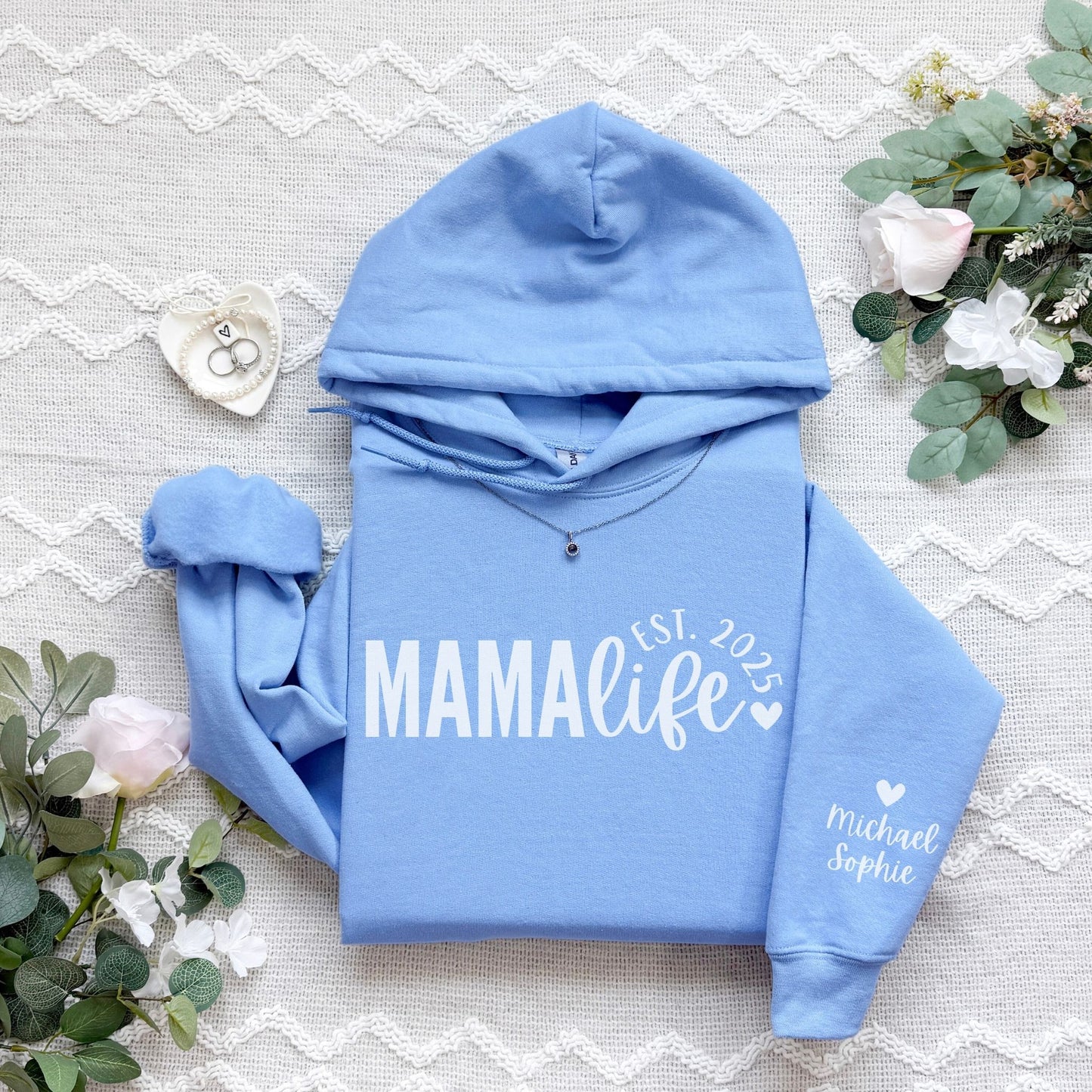 Personalized Mama Life Hoodie With Kids Names On Sleeve
