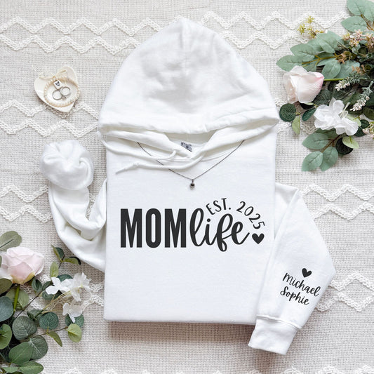 Personalized Mom Life Hoodie With Kids Names On Sleeve