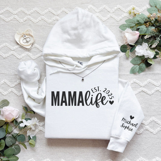 Personalized Mama Life Hoodie With Kids Names On Sleeve
