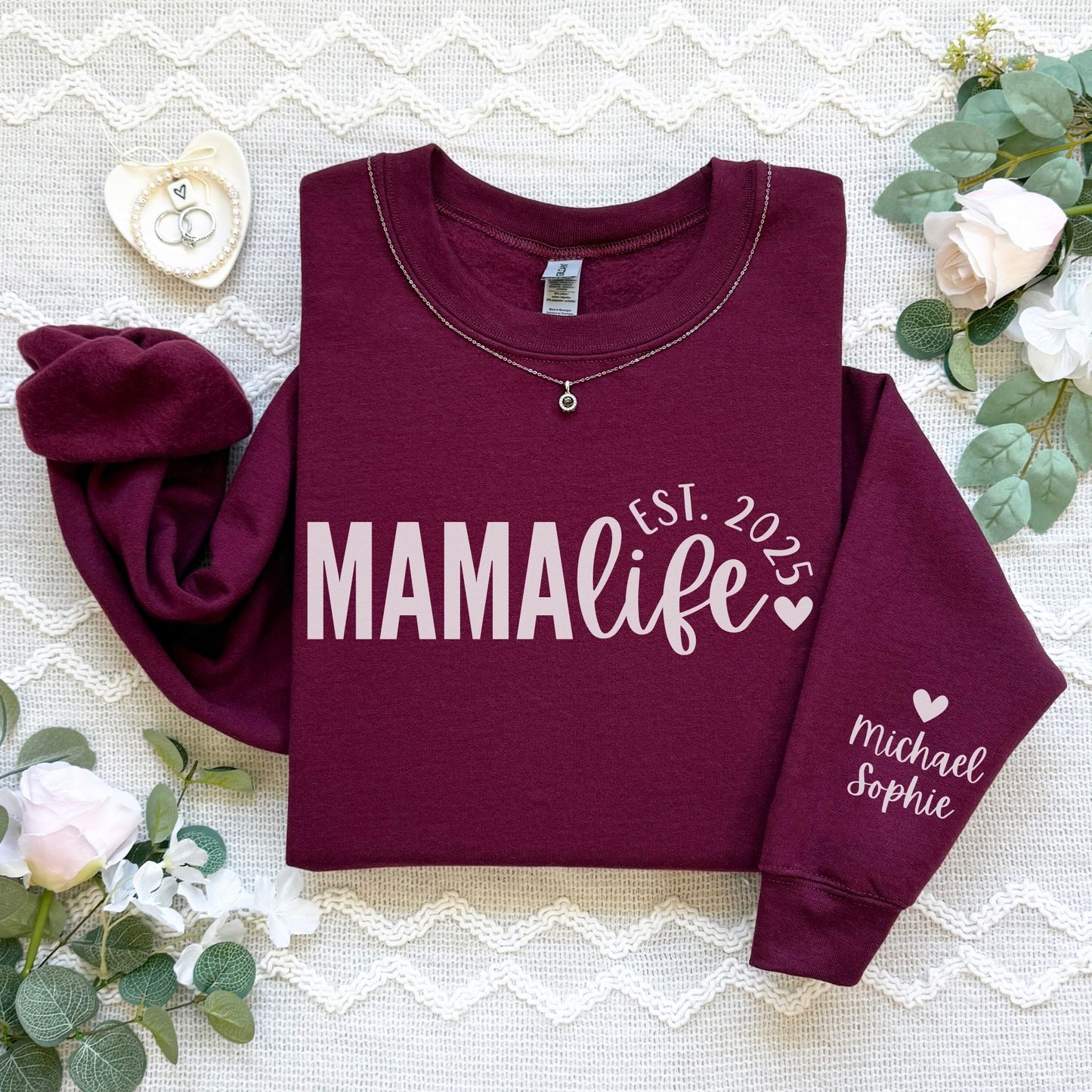 Personalized Mama Life Sweatshirt With Kids' Names On Sleeve