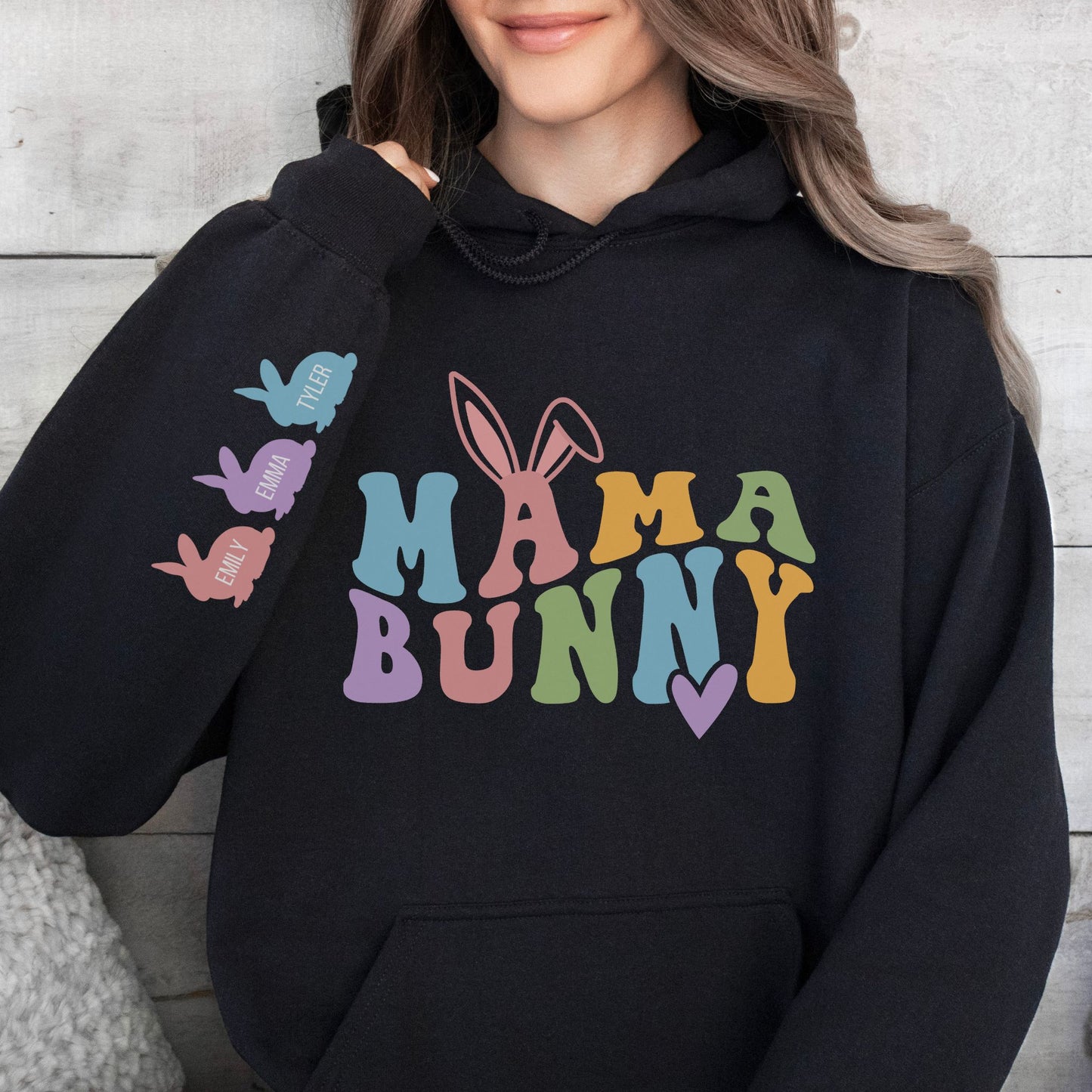 Personalized Mama Bunny Hoodie with Kids' Names on the Sleeve