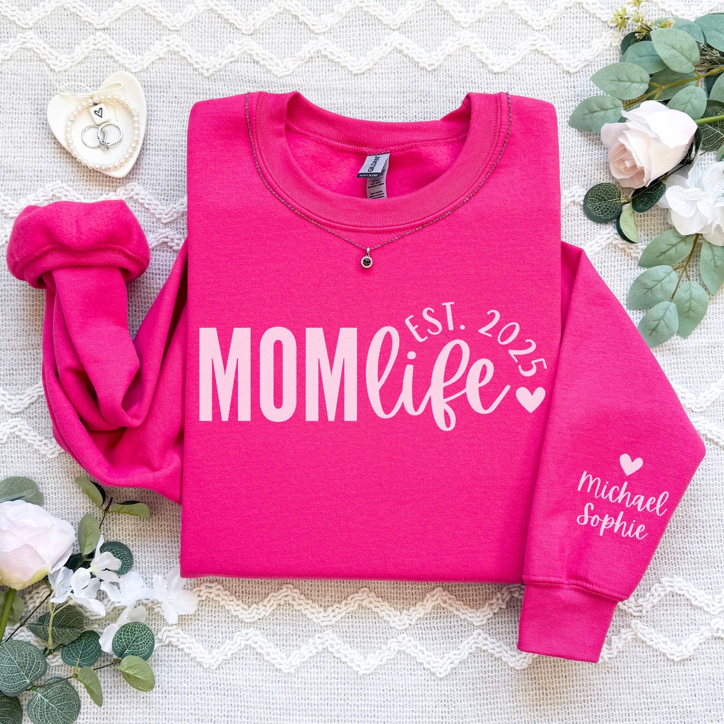Personalized Mom Life Sweatshirt With Kids' Names On Sleeve
