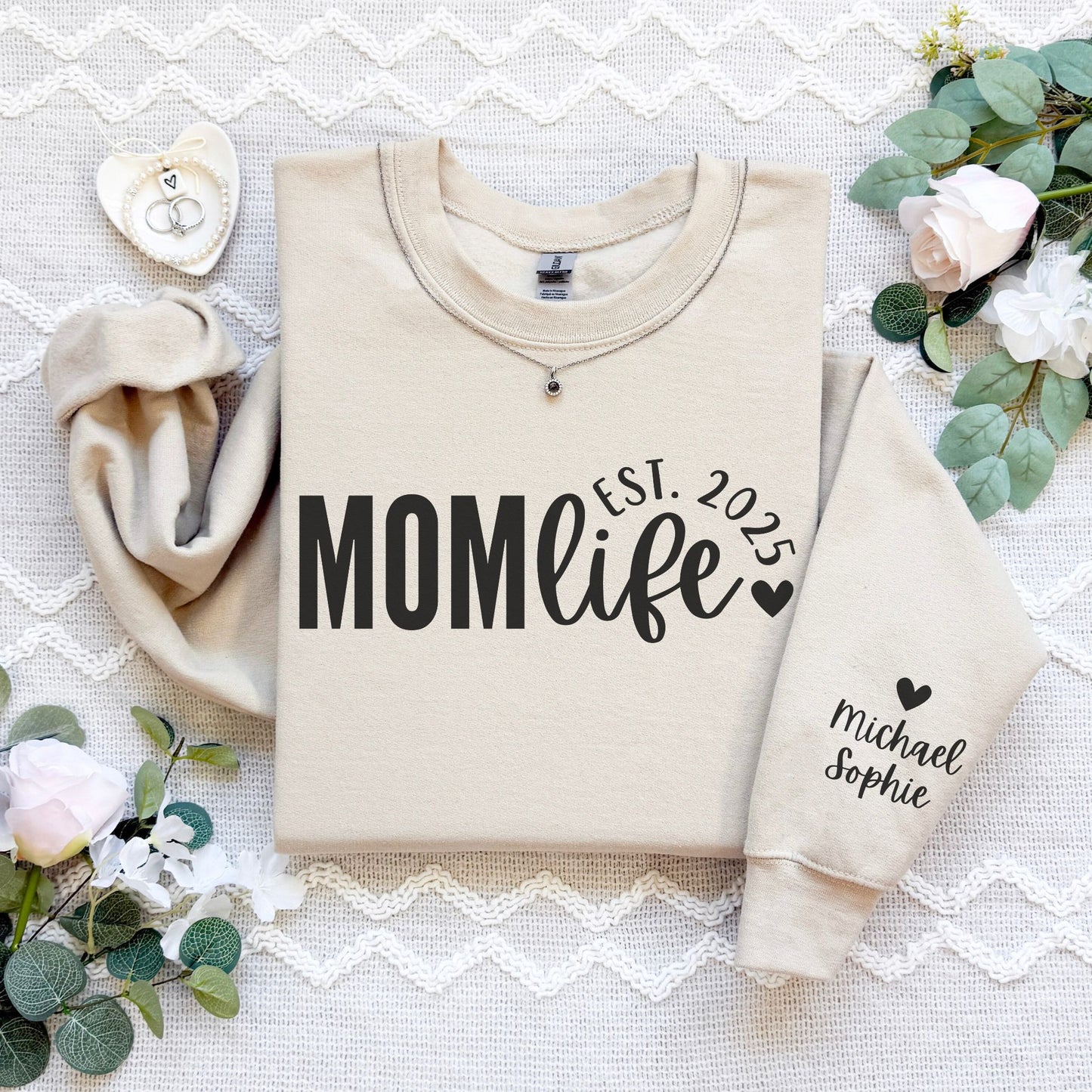 Personalized Mom Life Sweatshirt With Kids' Names On Sleeve