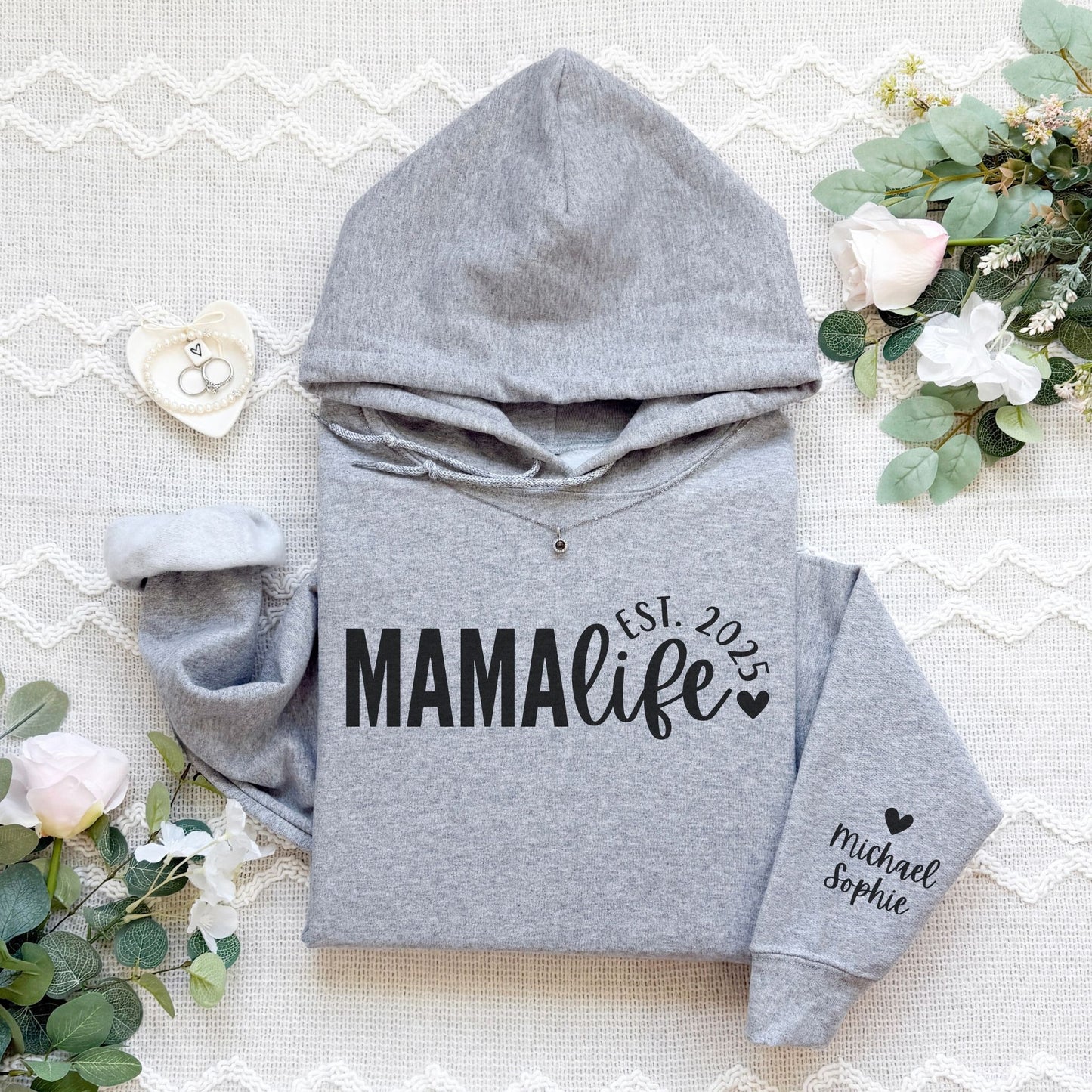 Personalized Mama Life Hoodie With Kids Names On Sleeve
