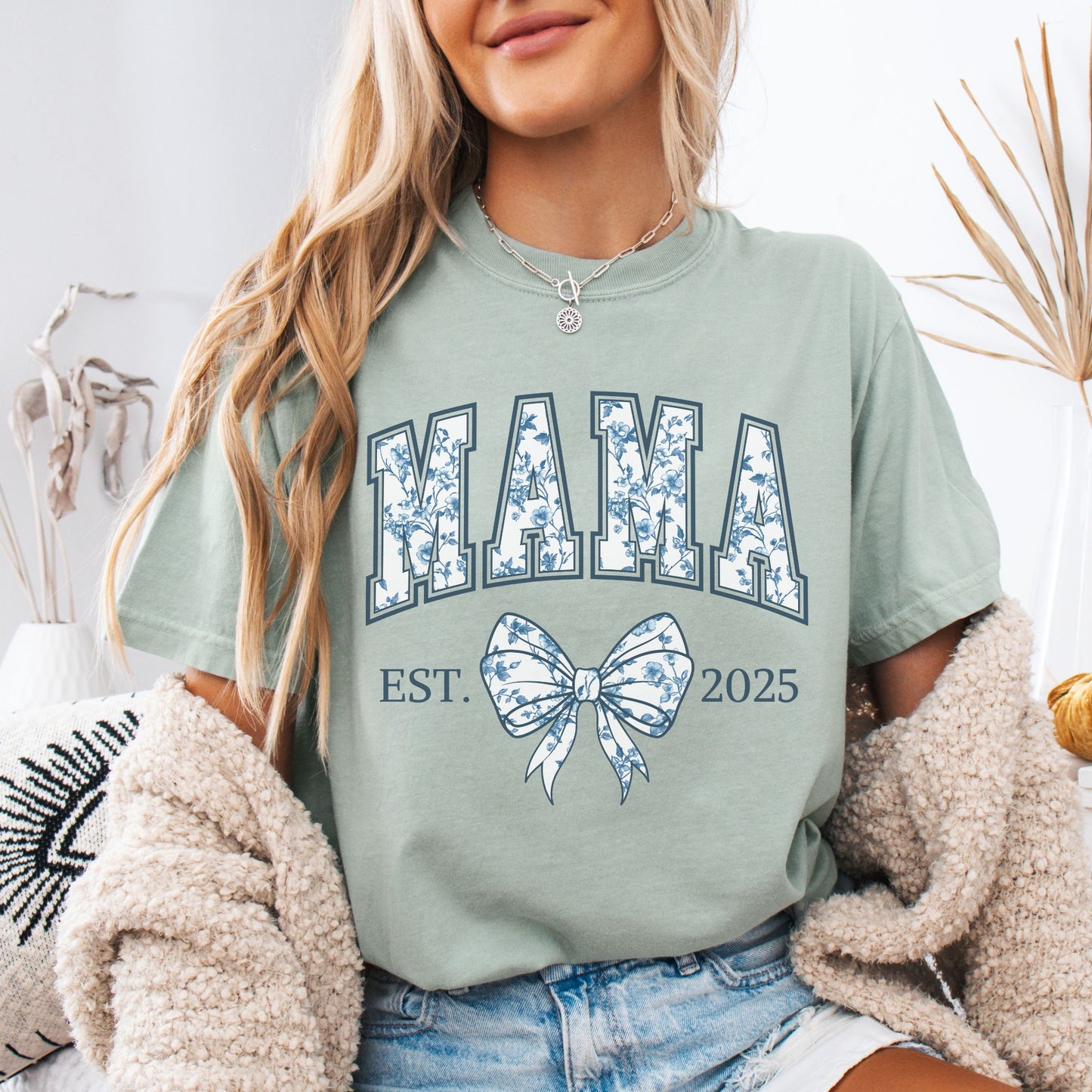 Personalized Mama Est. Year Floral Bow T-Shirt
