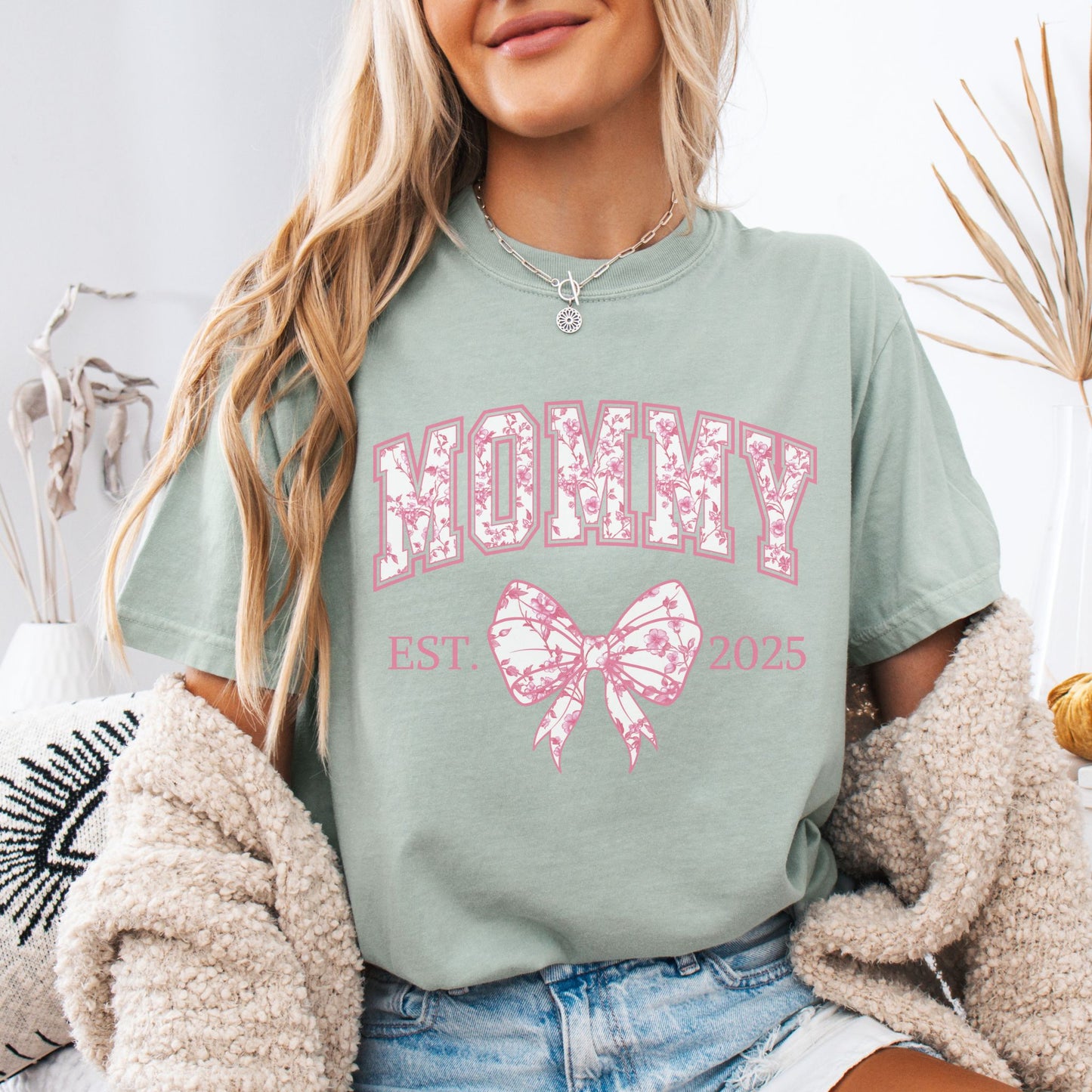 Personalized Mommy Est. Year Floral Bow T-Shirt