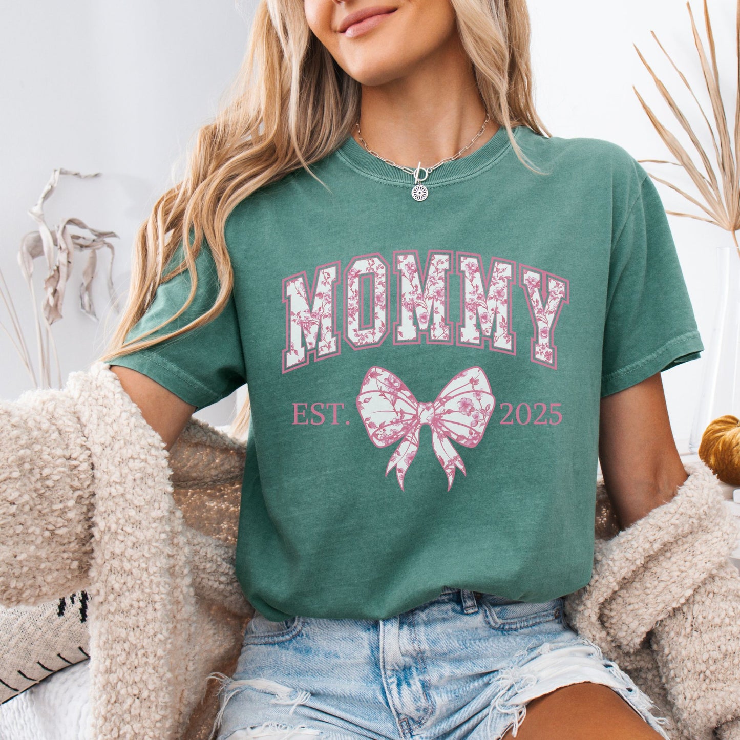 Personalized Mommy Est. Year Floral Bow T-Shirt