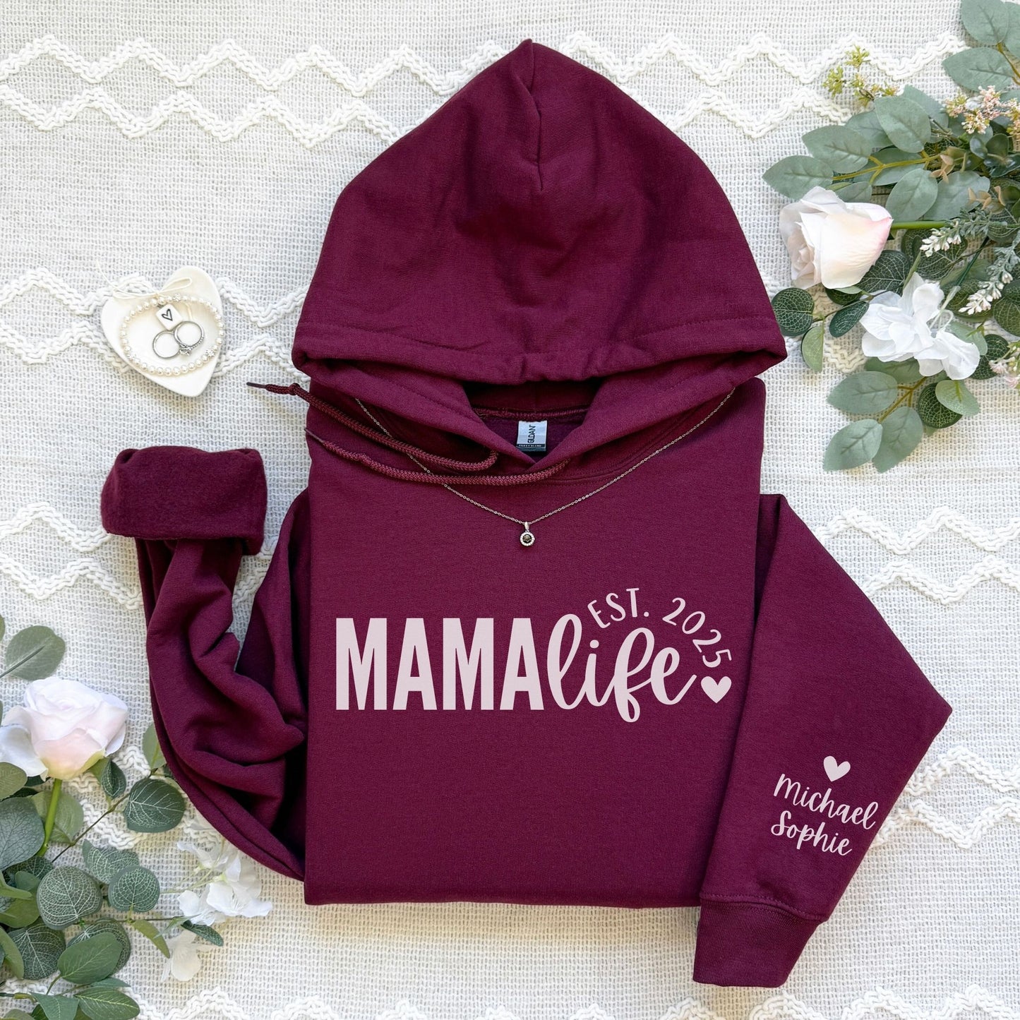Personalized Mama Life Hoodie With Kids Names On Sleeve