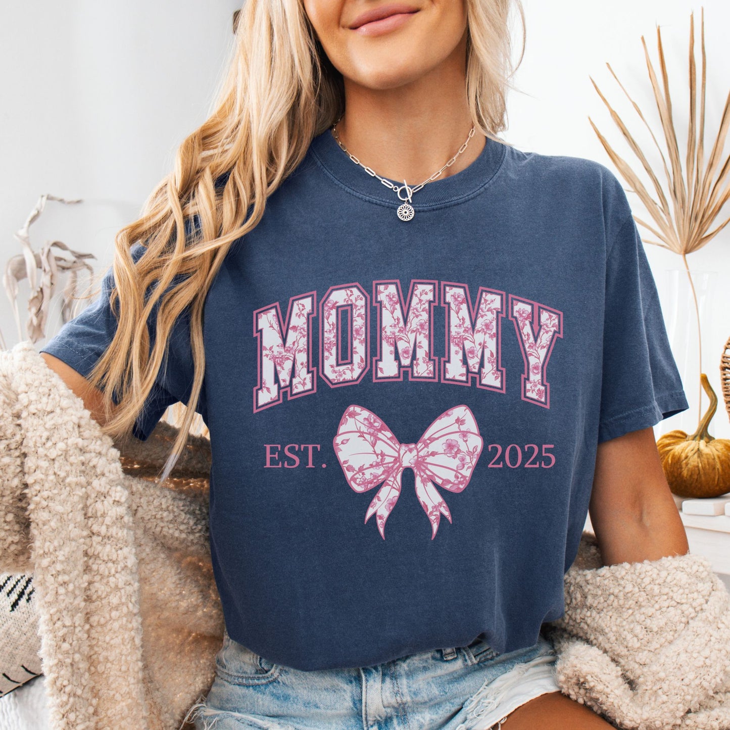 Personalized Mommy Est. Year Floral Bow T-Shirt