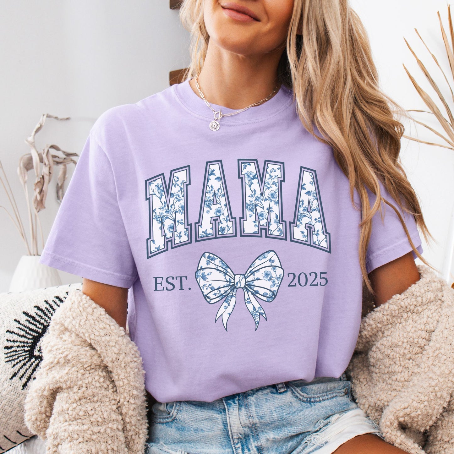 Personalized Mama Est. Year Floral Bow T-Shirt