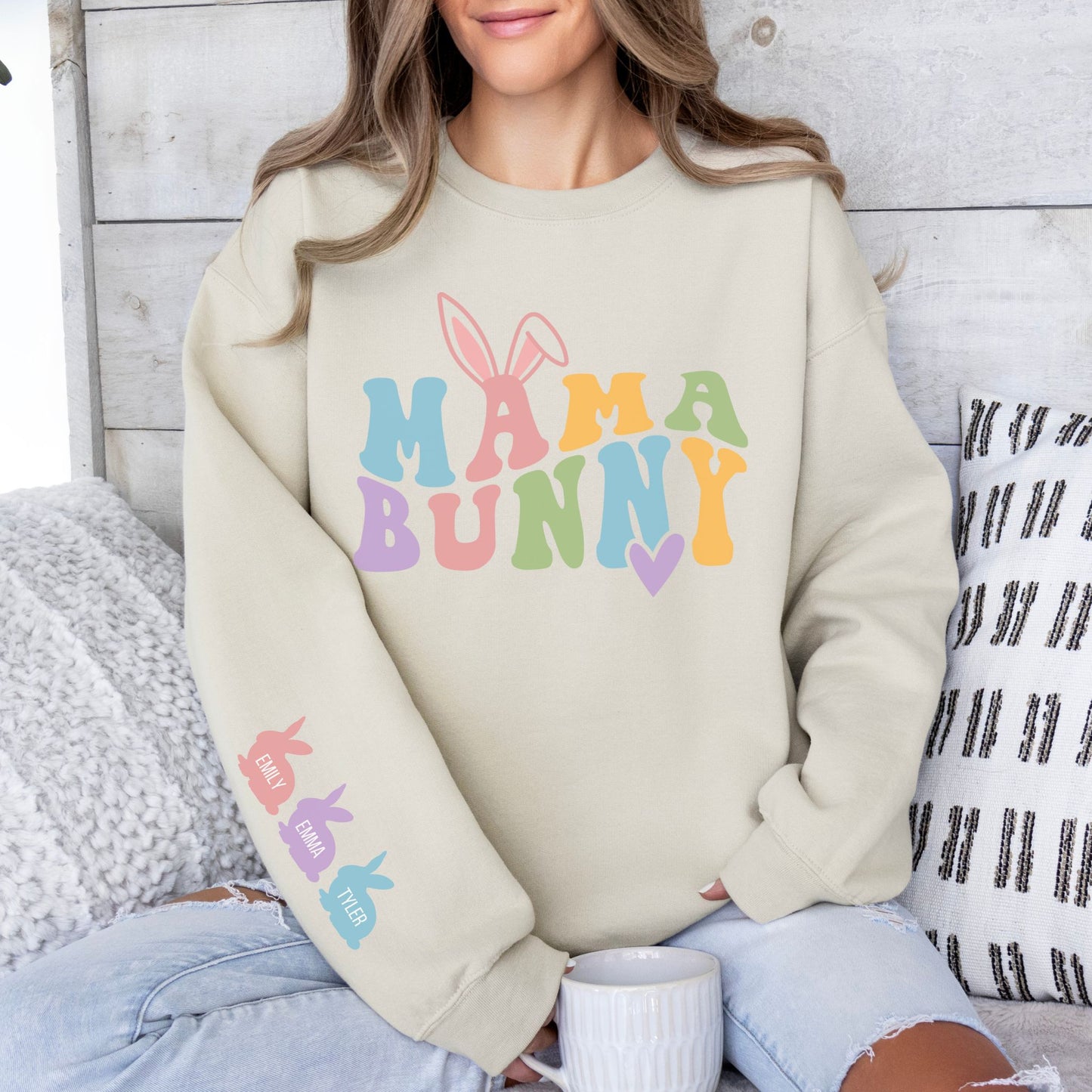 Personalized Mama Bunny Sweatshirt with Kids' Names on the Sleeve
