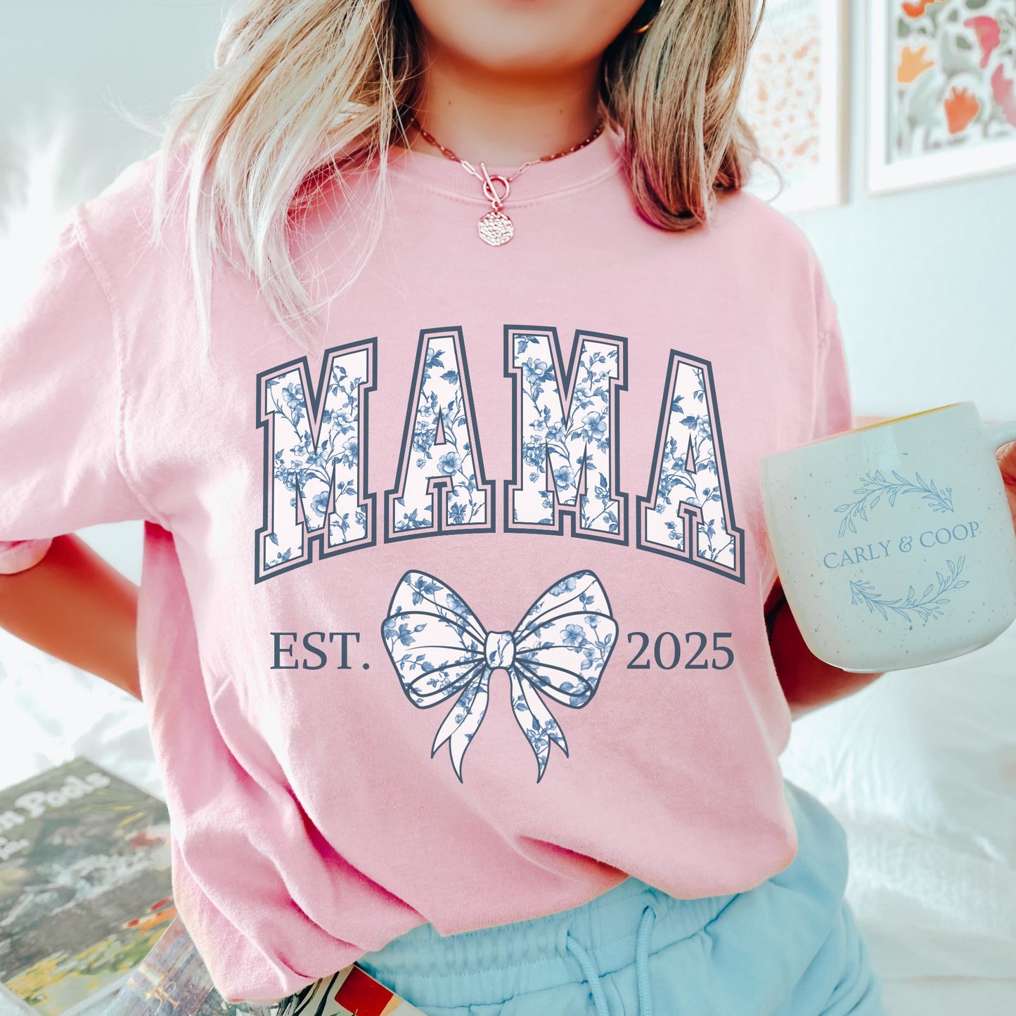 Personalized Mama Est. Year Floral Bow T-Shirt