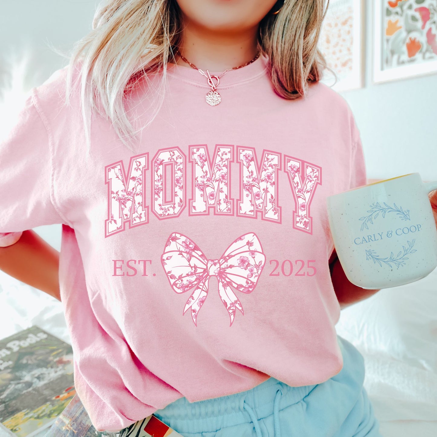 Personalized Mommy Est. Year Floral Bow T-Shirt