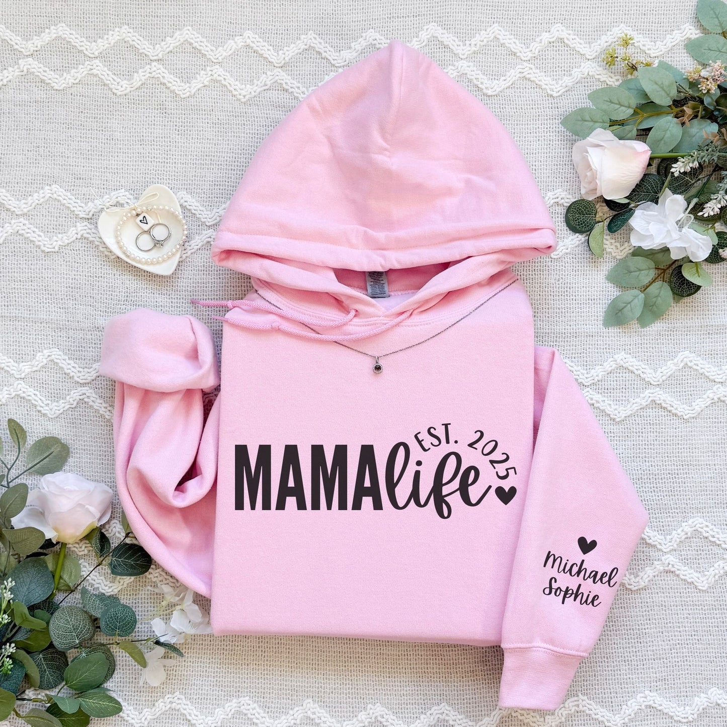 Personalized Mama Life Hoodie With Kids Names On Sleeve