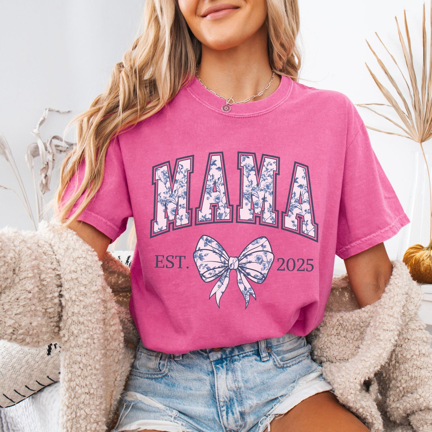 Personalized Mama Est. Year Floral Bow T-Shirt
