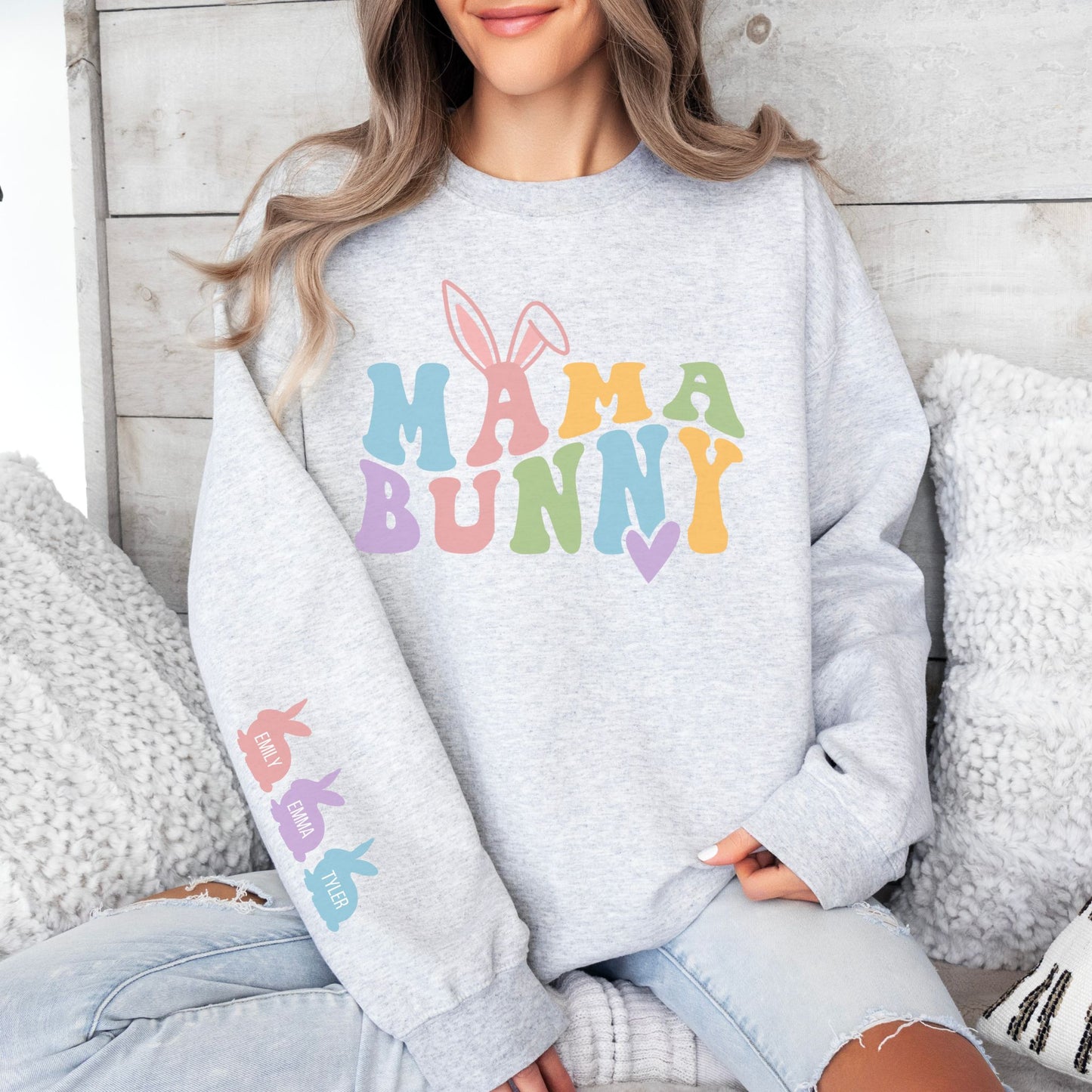 Personalized Mama Bunny Sweatshirt with Kids' Names on the Sleeve