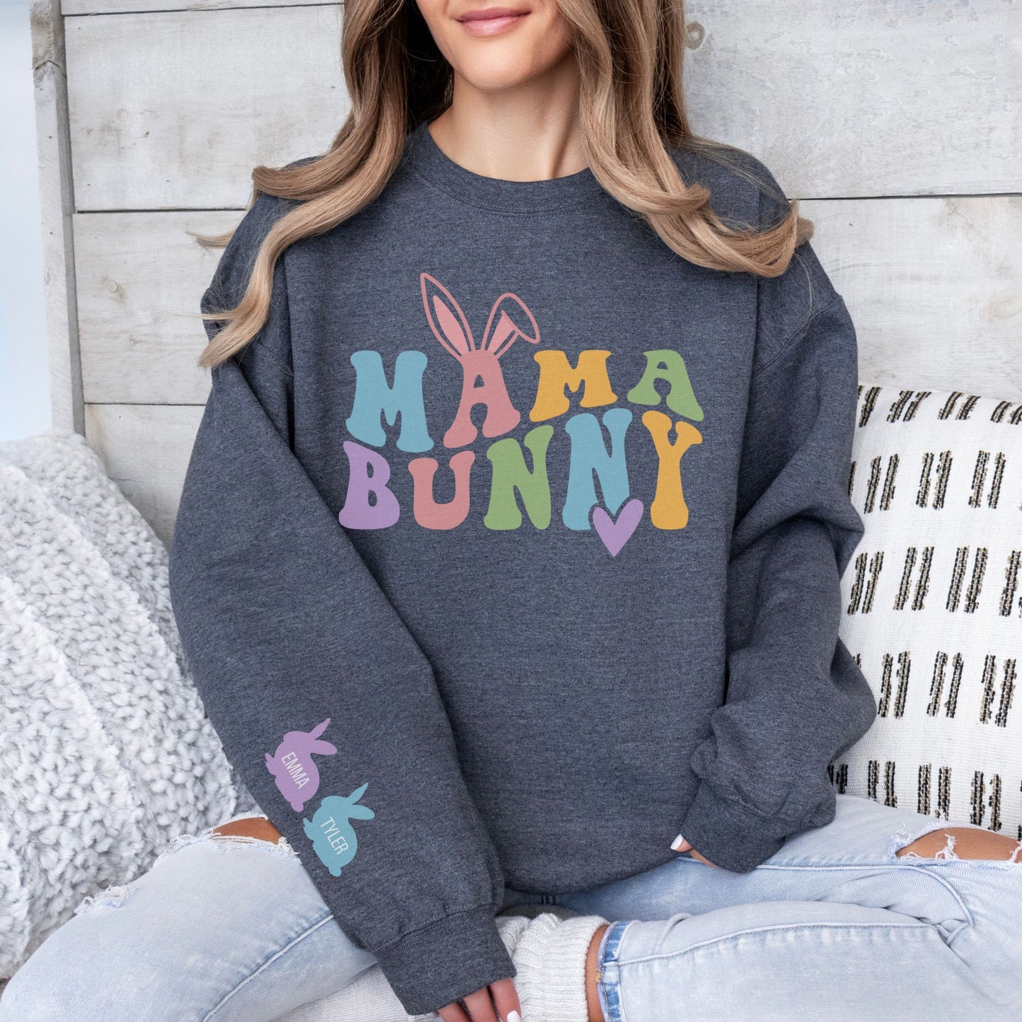 Personalized Mama Bunny Sweatshirt with Kids' Names on the Sleeve