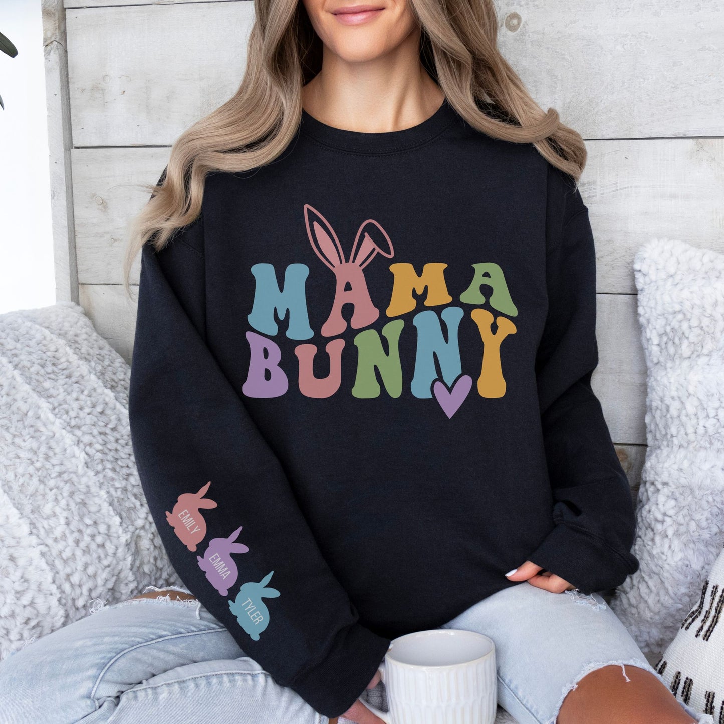 Personalized Mama Bunny Sweatshirt with Kids' Names on the Sleeve