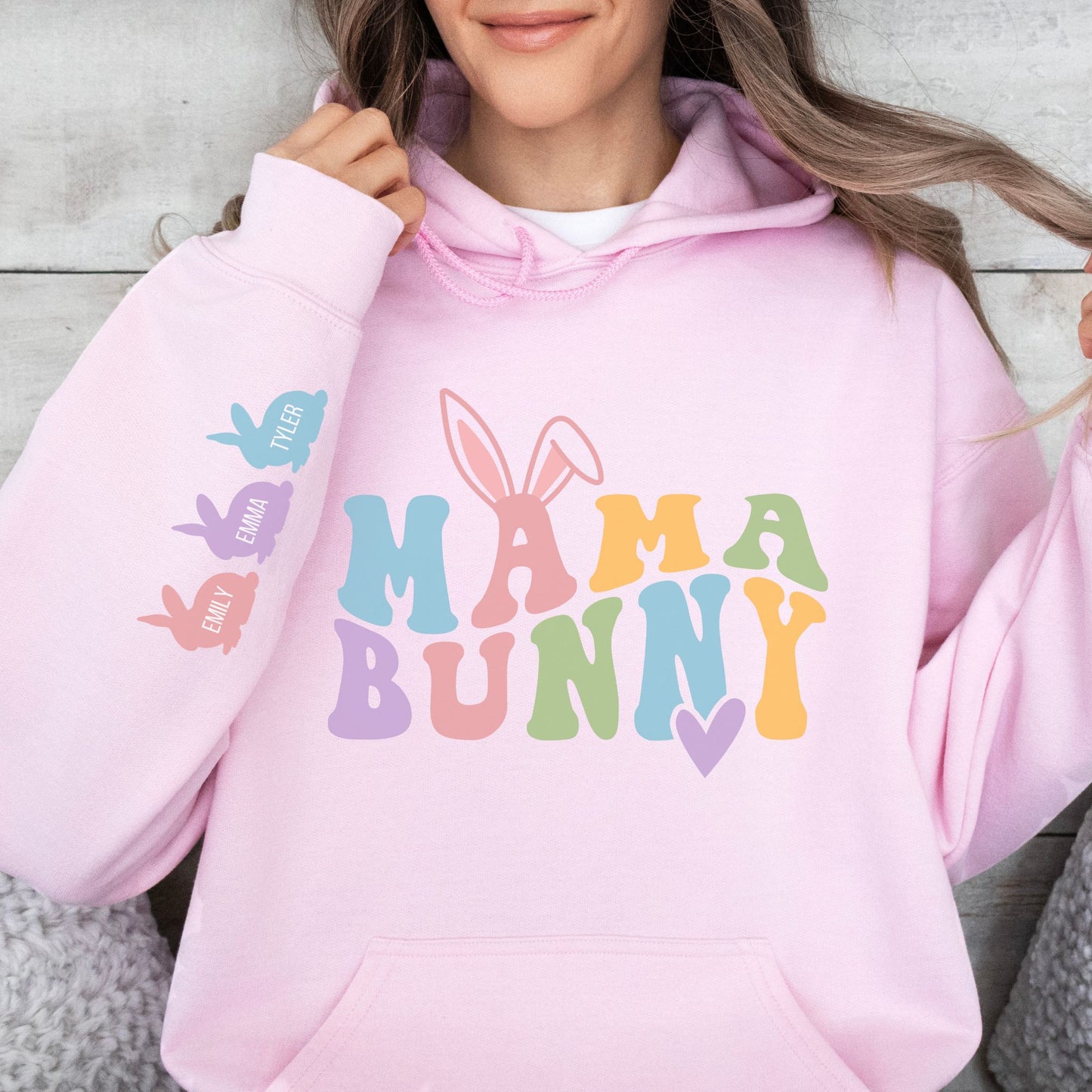 Personalized Mama Bunny Hoodie with Kids' Names on the Sleeve