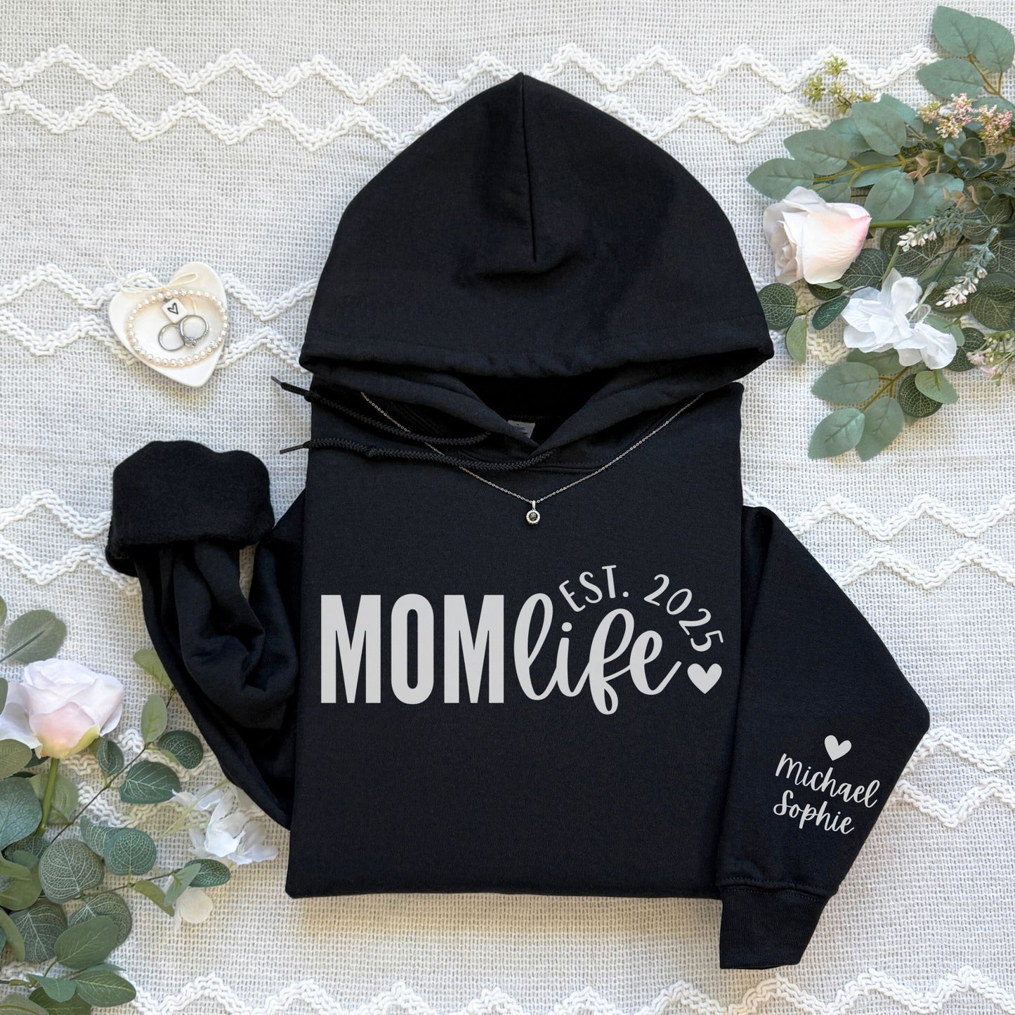 Personalized Mom Life Hoodie With Kids Names On Sleeve