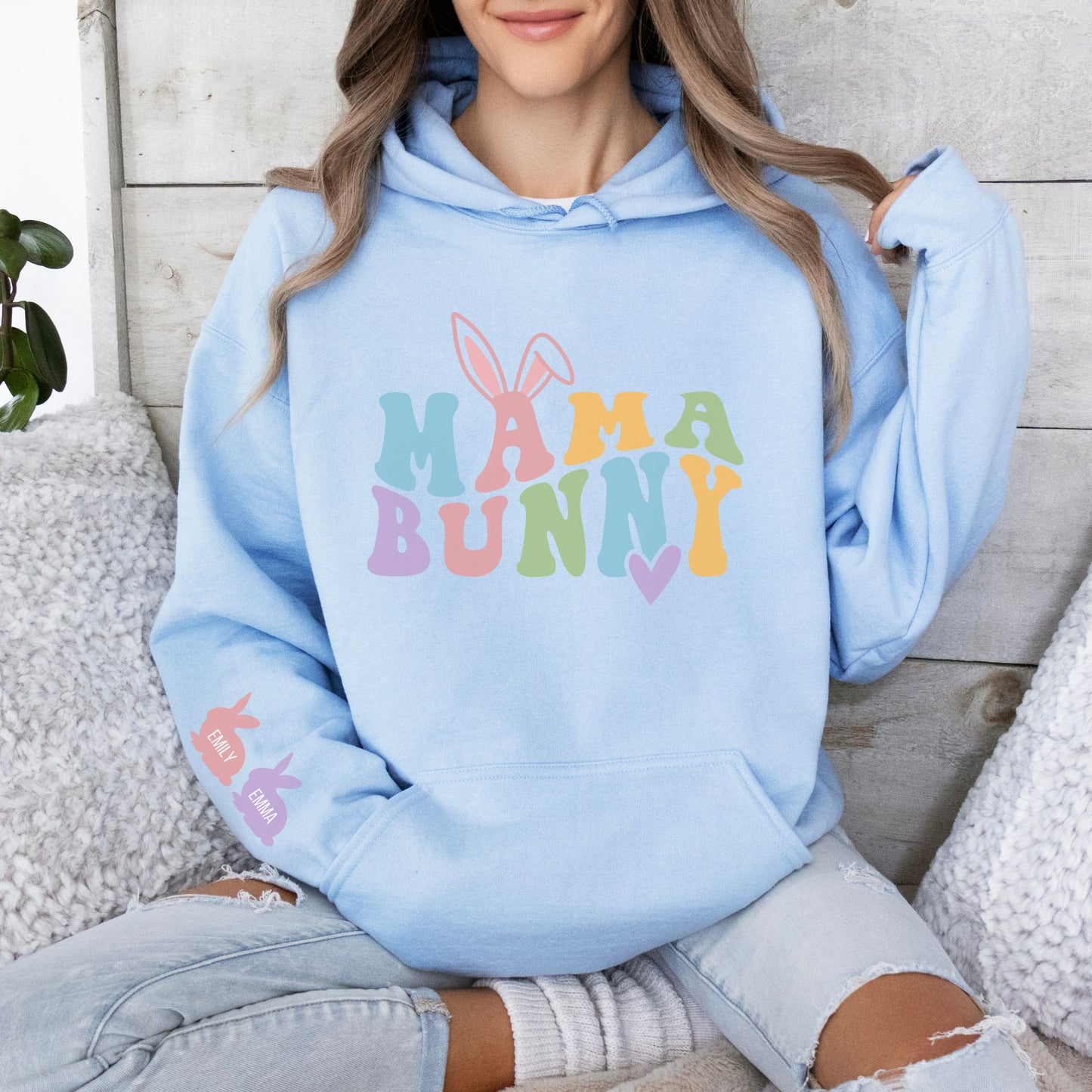 Personalized Mama Bunny Hoodie with Kids' Names on the Sleeve