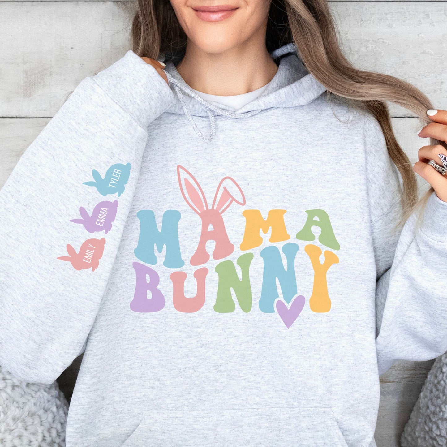 Personalized Mama Bunny Hoodie with Kids' Names on the Sleeve