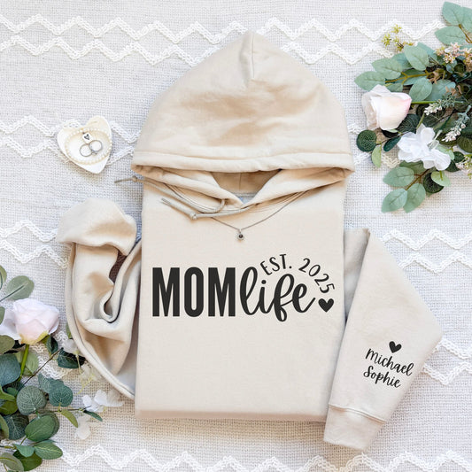 Personalized Mom Life Hoodie With Kids Names On Sleeve