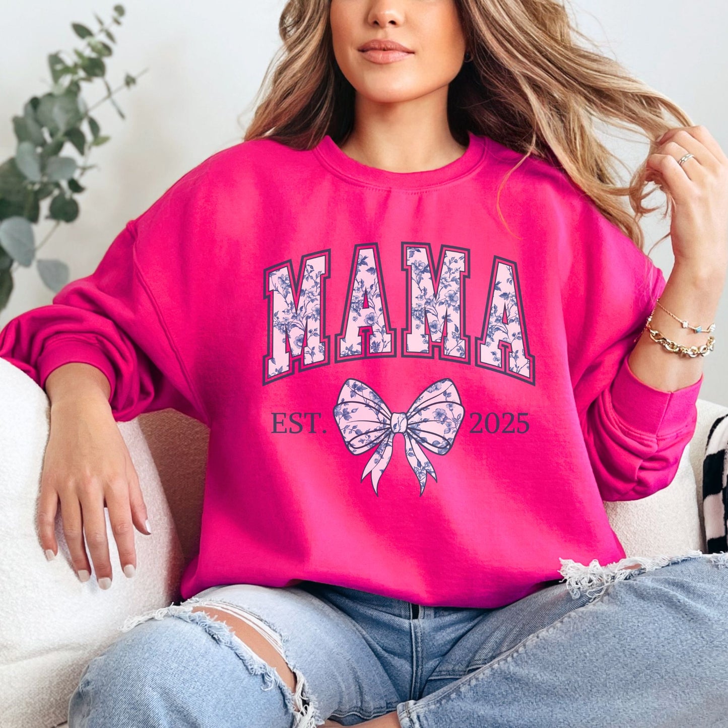 Personalized Mama Est. Year Floral Bow Sweatshirt