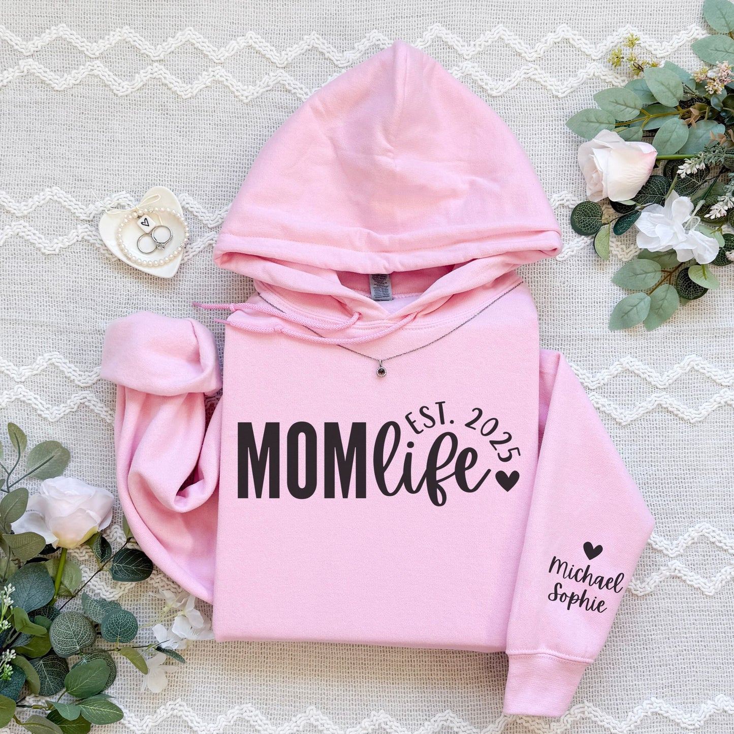 Personalized Mom Life Hoodie With Kids Names On Sleeve