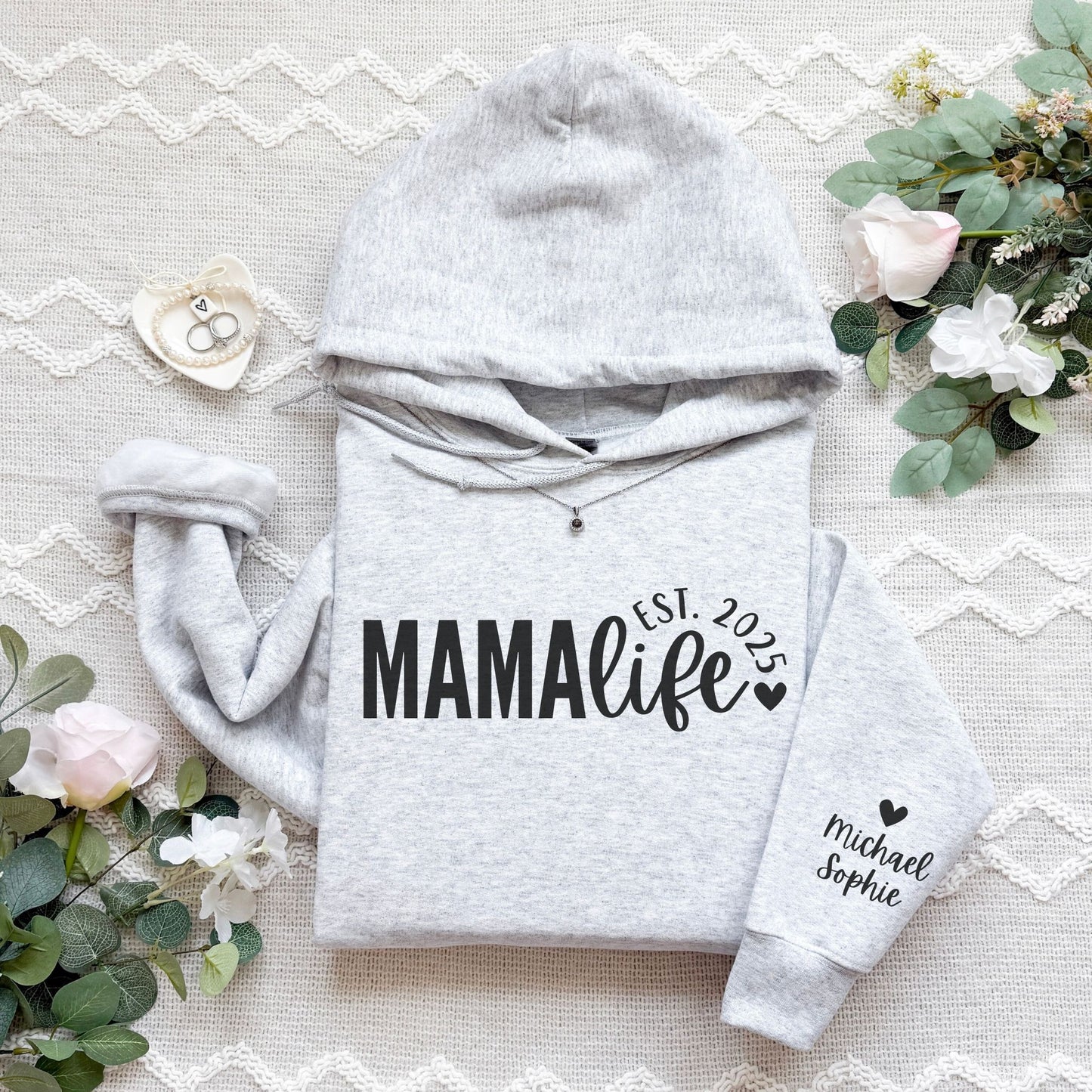 Personalized Mama Life Hoodie With Kids Names On Sleeve