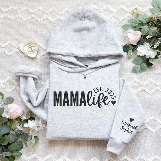 Personalized Mama Life Hoodie With Kids Names On Sleeve