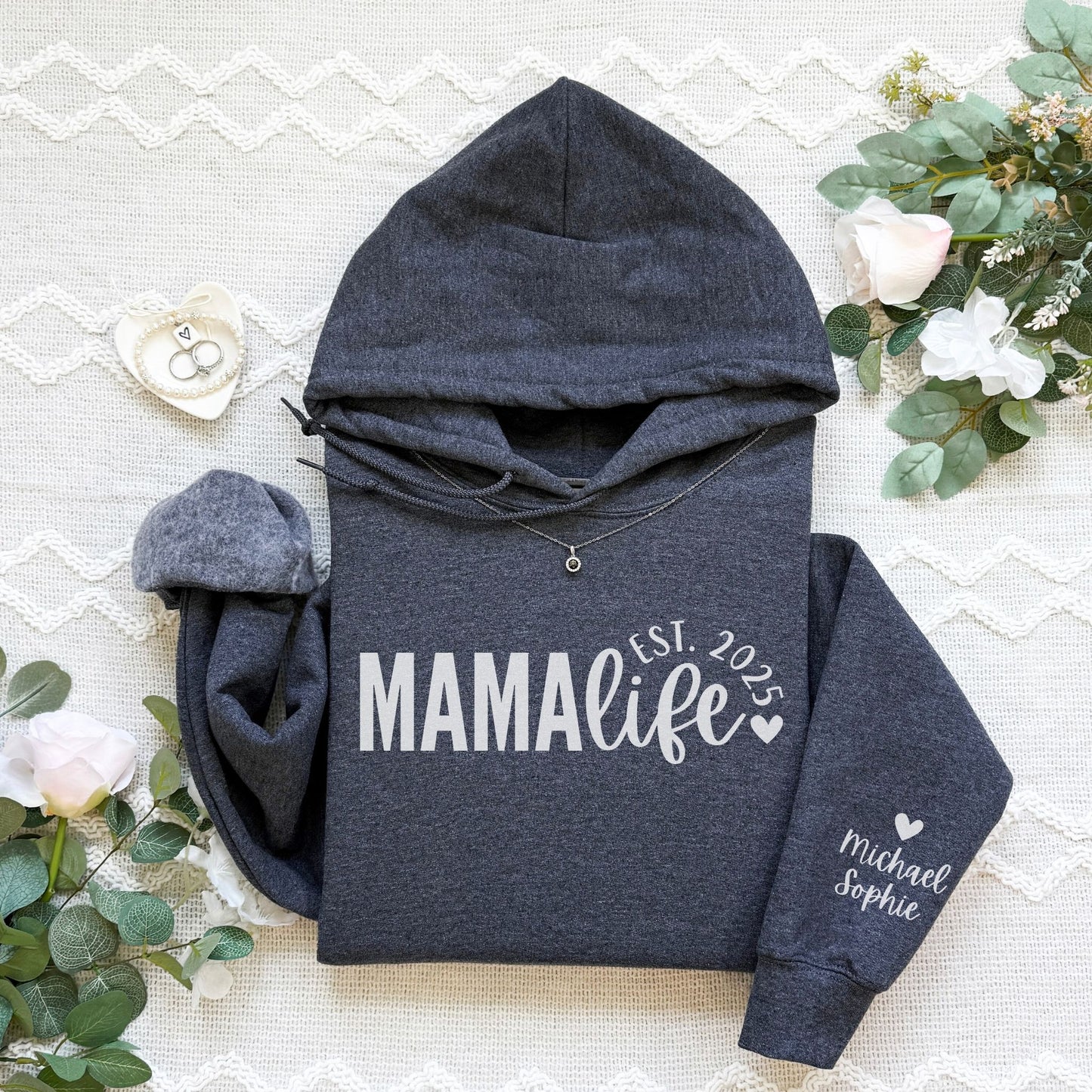 Personalized Mama Life Hoodie With Kids Names On Sleeve