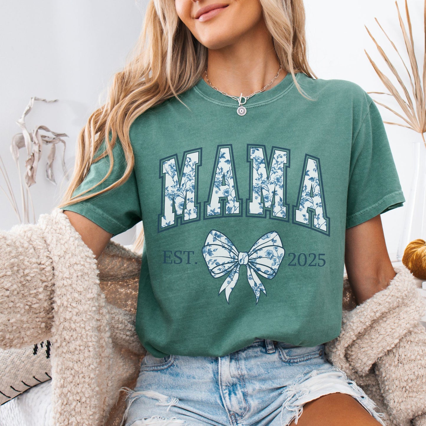 Personalized Mama Est. Year Floral Bow T-Shirt