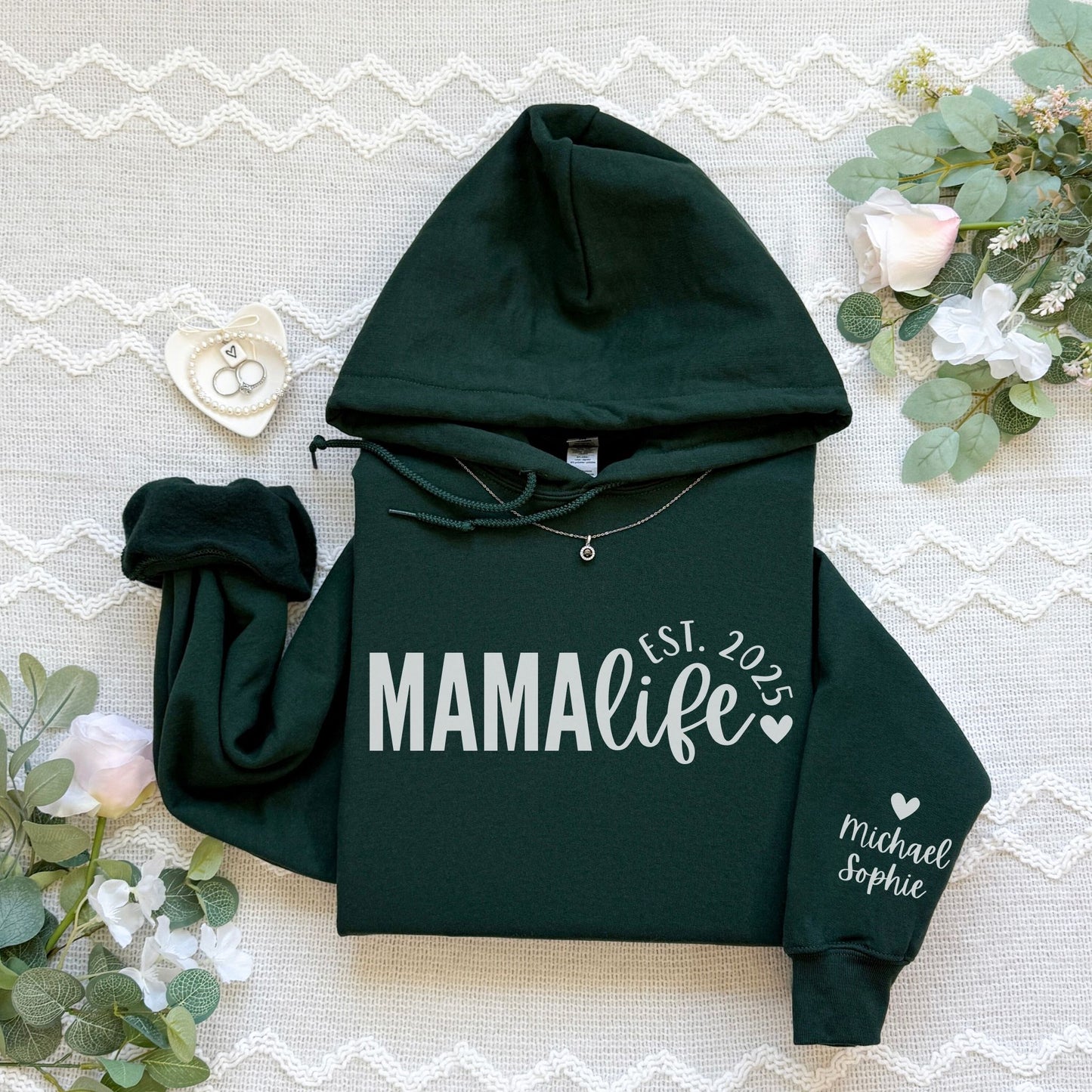 Personalized Mama Life Hoodie With Kids Names On Sleeve