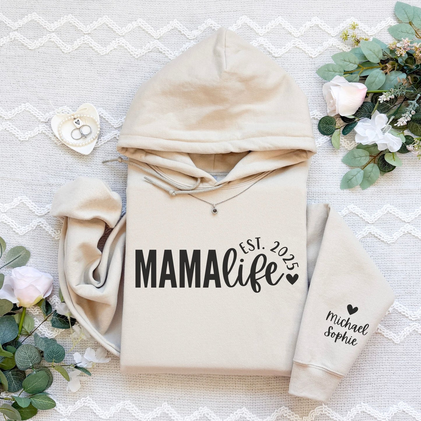 Personalized Mama Life Hoodie With Kids Names On Sleeve