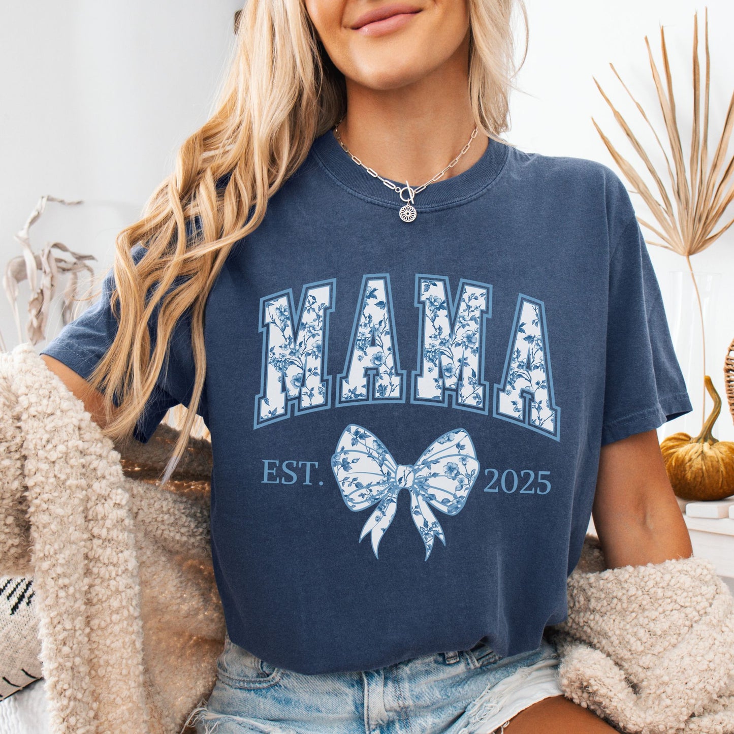 Personalized Mama Est. Year Floral Bow T-Shirt